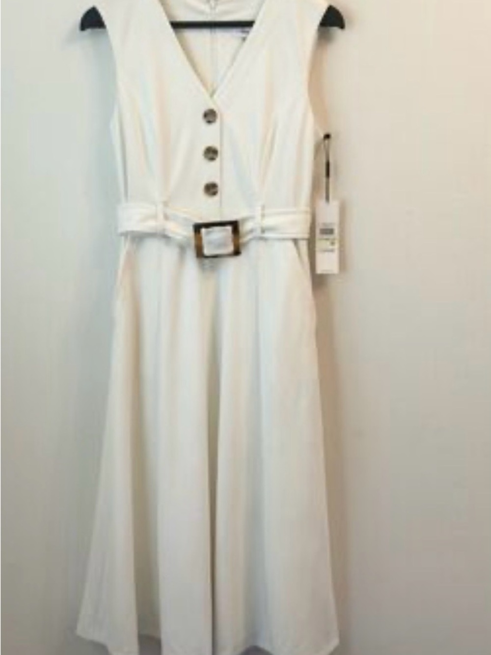 Calvin Klein Ivory V-Neck Belted Midi Dress
